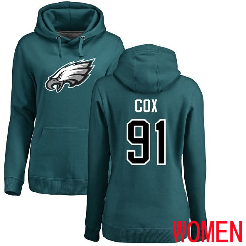 Women Philadelphia Eagles #91 Fletcher Cox Green Name and Number Logo NFL Pullover Hoodie Sweatshirts->nfl t-shirts->Sports Accessory